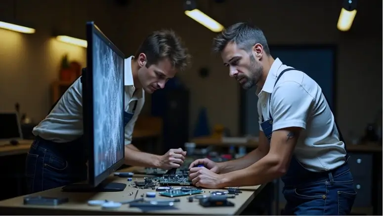 Haier TV service technician repairing a Haier Smart LED TV at a customer's home